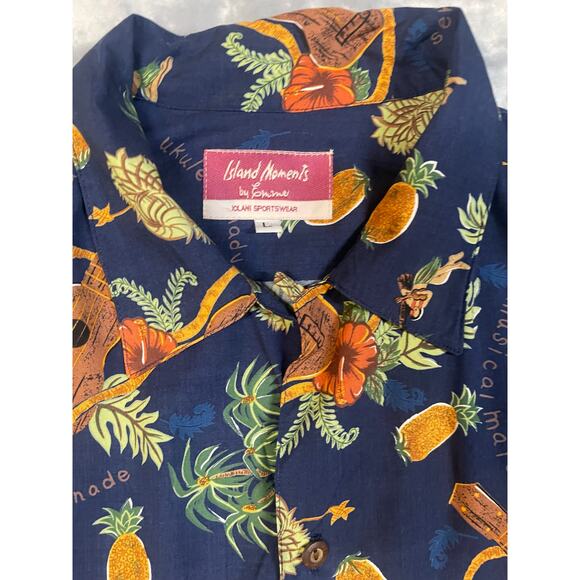 1950’s style Hawaiian shirt L ukelele hula girl pineapple lei VLV rockabilly - Picture 3 of 7